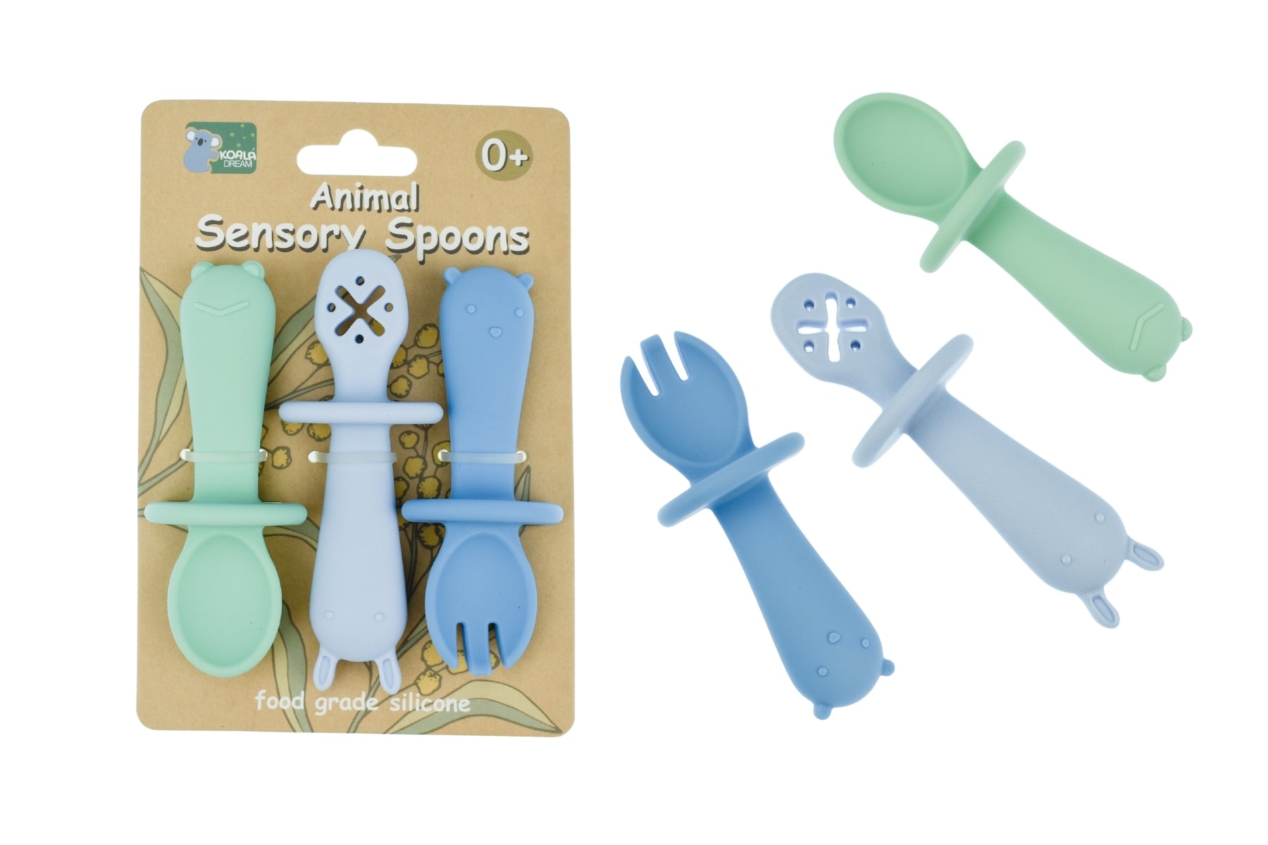 Silicon Animal Sensory Spoons - Blue/green - Koala Blue