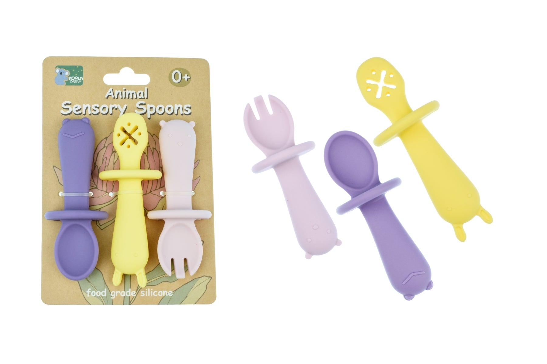 Silicon Animal Sensory Spoons - Pink/yellow - Koala Blue