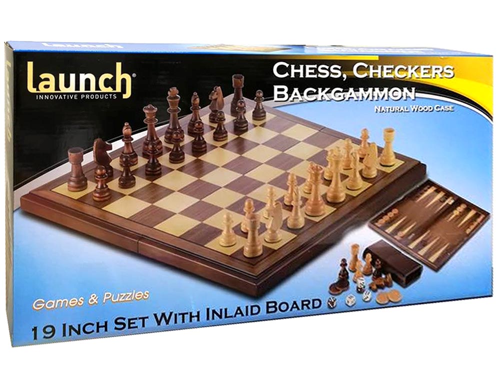 Chess Checkers Backgammon combo 19" Natural Wood Case - Launch