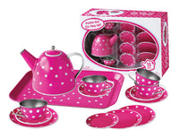 White Polka Dot on Pink Tin Tea set 15pc - Eleganter