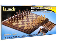 Chess Checkers Backgammon combo 19" Natural Wood Case - Launch