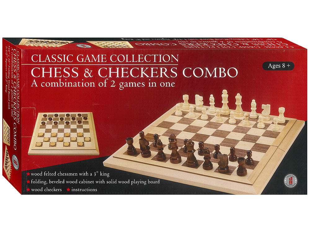 Wooden Chess & Checkers Combo 16" Bevel Edge Board - Classic Game Collection