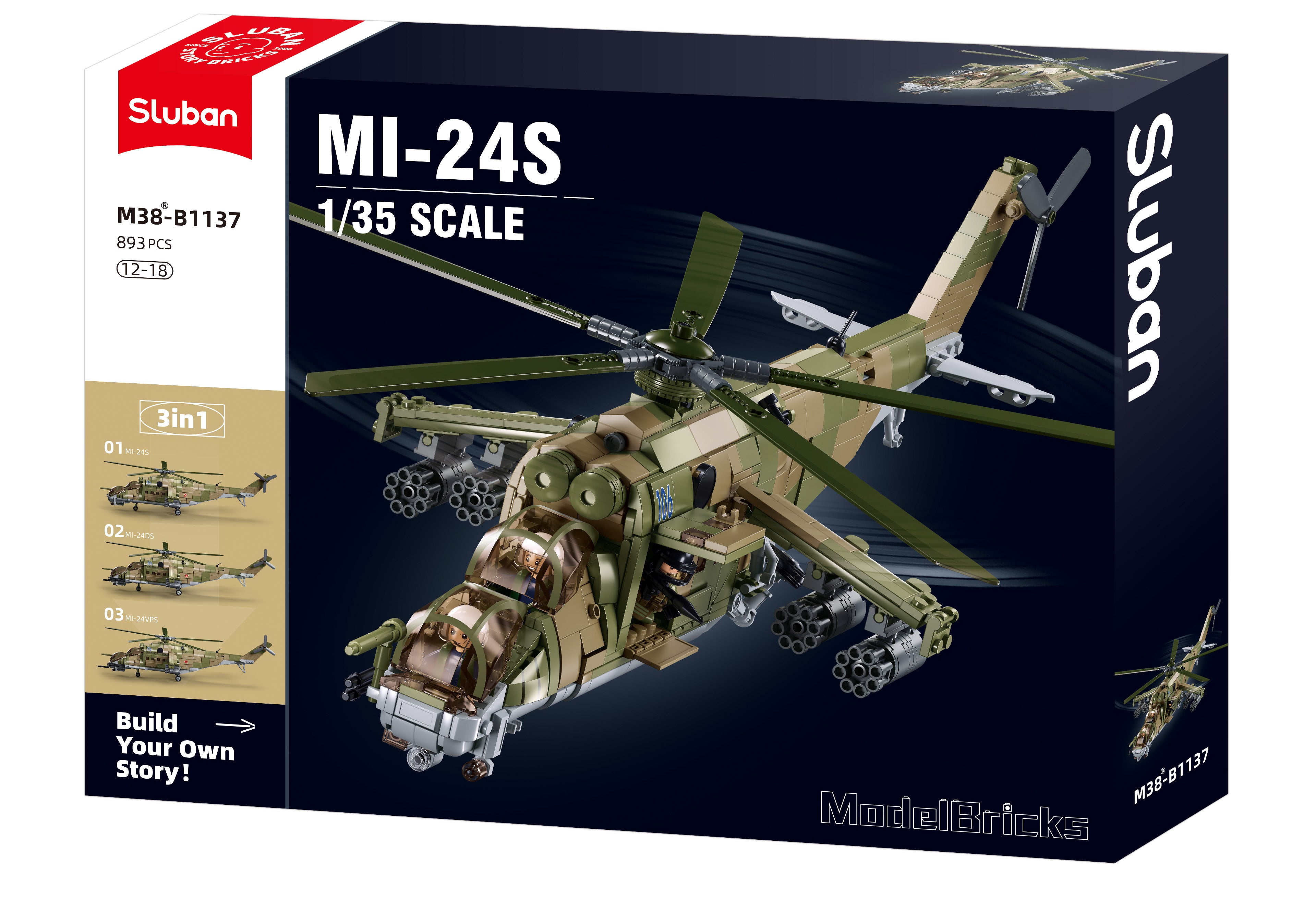 Model Bricks MI-24S Helicopter Gunship 3 in 1 Scale 1:35 893pcs - Sluban