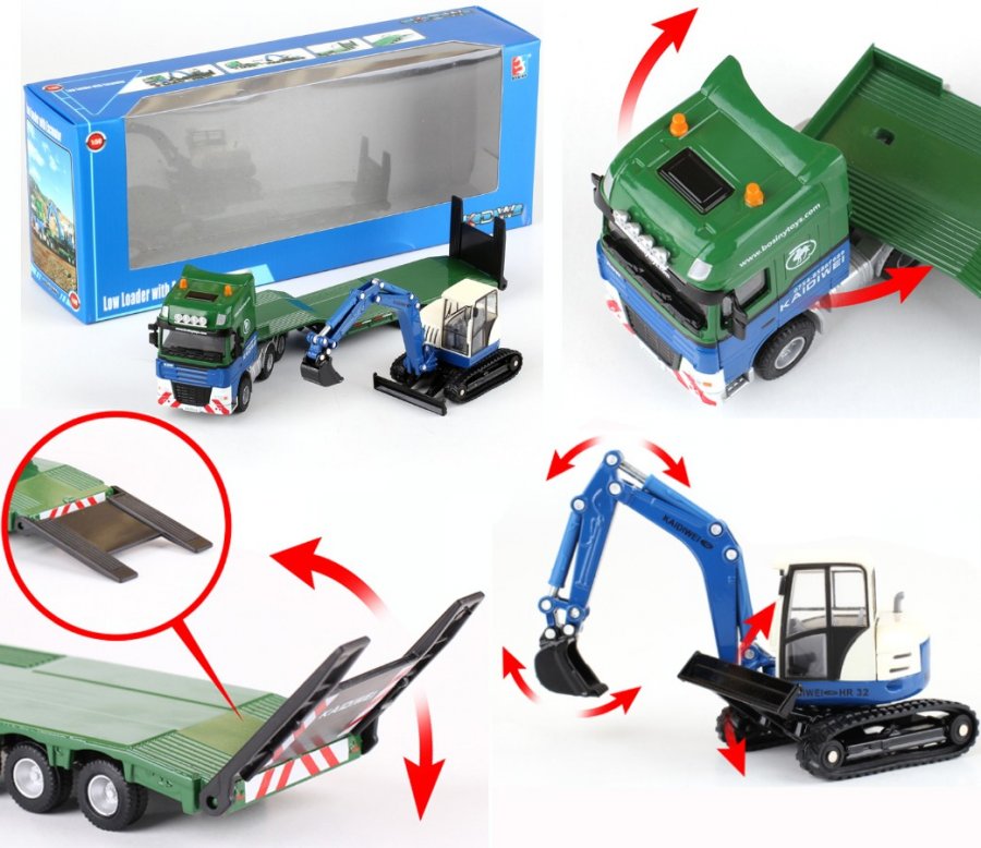 Die-Cast Flat Bed Trailer with Excavator 1:50 scale - K D W