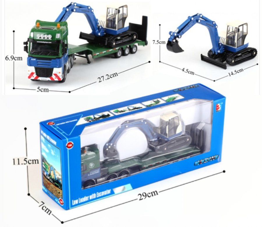 Die-Cast Flat Bed Trailer with Excavator 1:50 scale - K D W