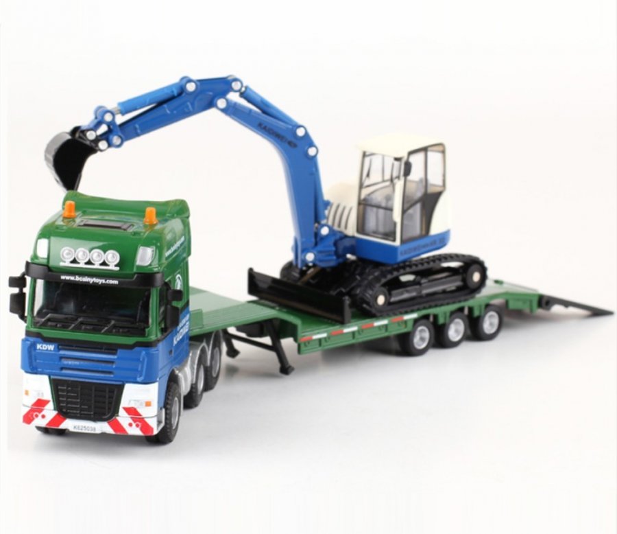 Die-Cast Flat Bed Trailer with Excavator 1:50 scale - K D W